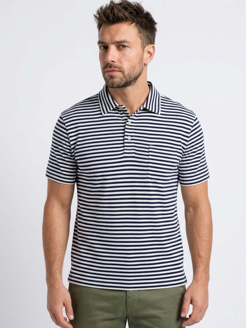 Polo Ralph Lauren Navy and White Horizontal Striped Pocket Polo Shirt